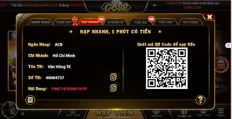 Nạp tiền Go88: Tổng hợp 4 cách mà người chơi nên biết 3 Tổng hợp 4 phương thức nạp tiền Go88