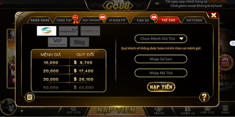 Nạp tiền Go88: Tổng hợp 4 cách mà người chơi nên biết 4 Nạp tiền thông qua thẻ cào siêu hot